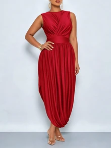 SOLERSUN Plus Size Women's Solid Color Round Neck Sleeveless Elegant Dress Cocktail Formal Red Summer - Red - View 2