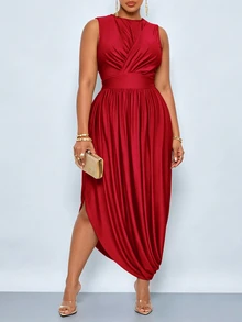 SOLERSUN Plus Size Women's Solid Color Round Neck Sleeveless Elegant Dress Cocktail Formal Red Summer - Red - View 5