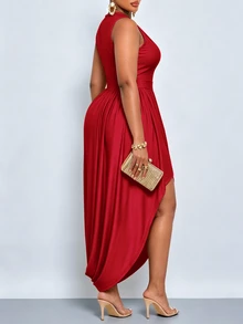 SOLERSUN Plus Size Women's Solid Color Round Neck Sleeveless Elegant Dress Cocktail Formal Red Summer - Red - View 4