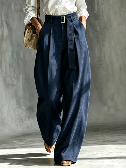 SHEIN Navy Blue Loose Wide Leg Pants With Pockets, Denim Effect Texture, Belt Design, Elegant And Fashionable; Suitable For Spring, Summer, Autumn, Winter, Vacation, Easter, Holidays, Halloween, Christmas, Mother's Day, Graduation Season, Daily Wear, Country Music Festival And Other Occasions, Showcasing Faux Denim Effect.