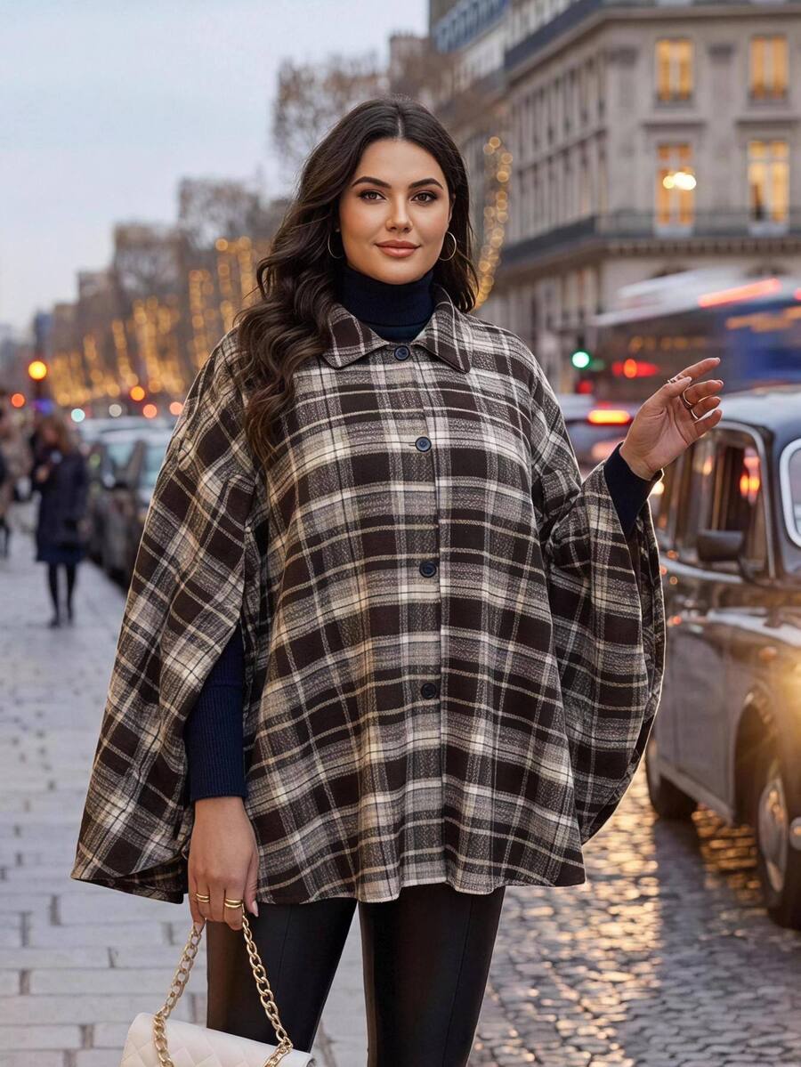 Comfylo Plus Size Plaid Casual Elegant Cape Coat Vacation Party All White Autumn Winter - Red - View 1