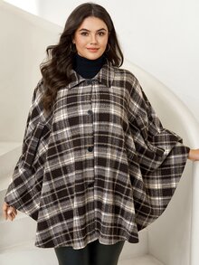 Comfylo Plus Size Plaid Casual Elegant Cape Coat Vacation Party All White Autumn Winter - Red - View 5