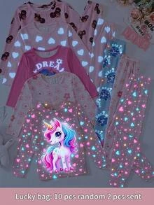 SHEIN 青少年女孩休閒極簡發光獨角獸貼身舒適圓領長袖長褲家居服 2件組 - 彩色 - 查看 4