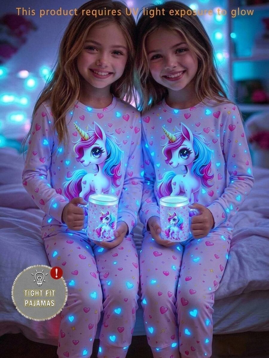SHEIN Kids Tween Girls Casual Minimalist Glow-In-The-Dark Unicorn Snug Fit Comfortable Crew Neck Long Sleeve Long Pants Loungewear Suitable 2PCS