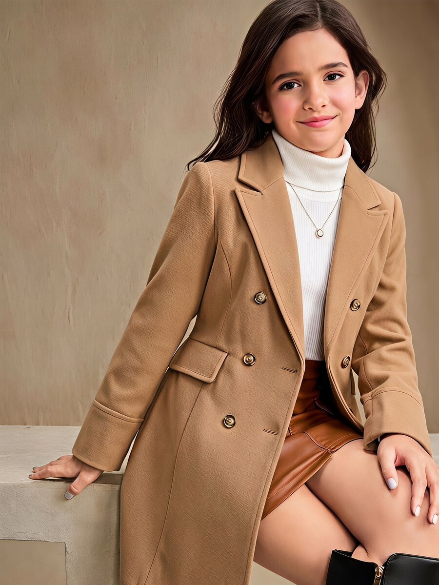 SHEIN Elladie kids 青少年女孩秋季學院風雙排扣羊毛大衣 長袖缺口領駱駝色中長款外套 學校正式穿著