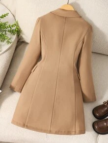SHEIN Elladie kids 青少年女孩秋季學院風雙排扣羊毛大衣 長袖缺口領駱駝色中長款外套 學校正式穿著 - 卡其色 - 查看 10