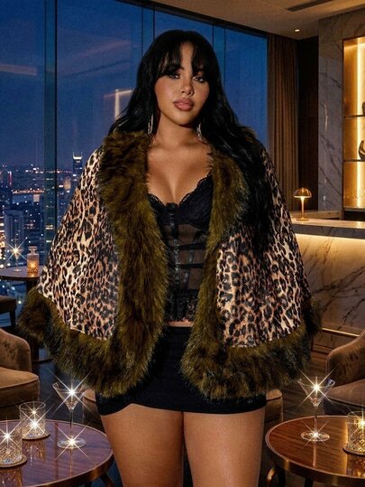 Rustia Cappotto scialle con grande collo in pelliccia e stampa leopardata vintage, mantello in pelliccia & lana da donna, abbigliamento esterno di lusso per feste, autunno/inverno