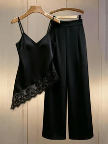 Franclia Fashion Casual Elegant Lace Patchwork V-Neck Cami Top & Elastic Waist Loose Straight Leg Pants 2pcs Set - Black - View 4