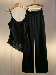 Franclia Fashion Casual Elegant Lace Patchwork V-Neck Cami Top & Elastic Waist Loose Straight Leg Pants 2pcs Set - Black - View 5