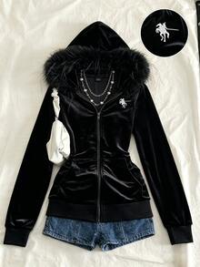 Bitrose Jaket Wanita Lengan Panjang Kasual Sehari-hari dengan Motif Ksatria Berkerudung dan Resleting, Motif Patchwork Mewah dan Grafis Ksatria - Hitam - View 4