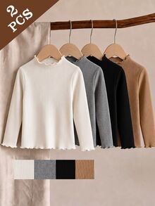 SHEIN Áo lớp lót cổ giả viền bèo gân cho bé gái, họa tiết da báo trơn, thu đông, 2 món - Nhiều màu - Xem 3