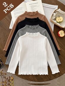 SHEIN Áo lớp lót cổ giả viền bèo gân cho bé gái, họa tiết da báo trơn, thu đông, 2 món - Nhiều màu - Xem 4