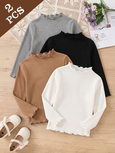 SHEIN Áo lớp lót cổ giả viền bèo gân cho bé gái, họa tiết da báo trơn, thu đông, 2 món
