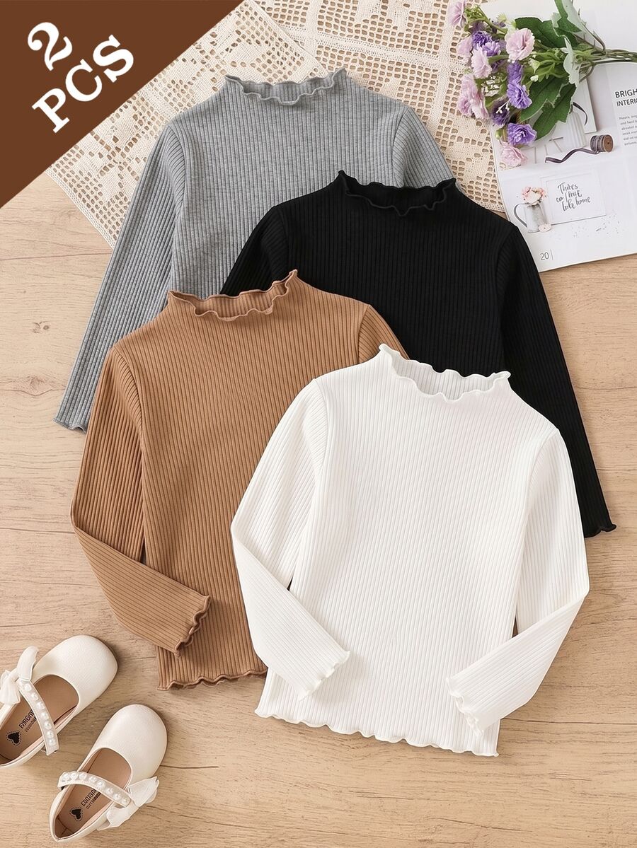 SHEIN Áo lớp lót cổ giả viền bèo gân cho bé gái, họa tiết da báo trơn, thu đông, 2 món - Nhiều màu - Xem 1