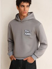 TOM & JERRY X SHEIN Men's Cartoon Letter Embroidered Hoodie - Army Green - View 4