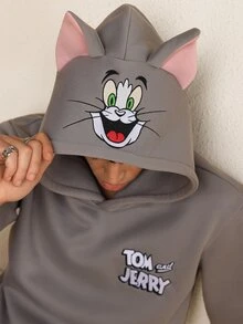 TOM & JERRY X SHEIN Men's Cartoon Letter Embroidered Hoodie - Army Green - View 1