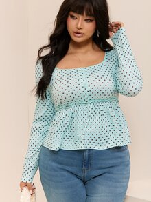 CovetEZ Autumn/Winter New Colorful Polka Dot Casual Long Sleeve Square Neck Plus Size T-Shirt Fall - Multicolor - View 7
