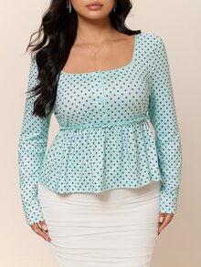 CovetEZ Autumn/Winter New Colorful Polka Dot Casual Long Sleeve Square Neck Plus Size T-Shirt Fall - Multicolor - View 1