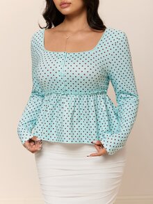 CovetEZ Autumn/Winter New Colorful Polka Dot Casual Long Sleeve Square Neck Plus Size T-Shirt Fall - Multicolor - View 4