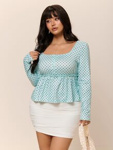CovetEZ Autumn/Winter New Colorful Polka Dot Casual Long Sleeve Square Neck Plus Size T-Shirt Fall - Multicolor - View 5