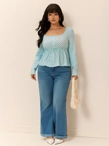 CovetEZ Autumn/Winter New Colorful Polka Dot Casual Long Sleeve Square Neck Plus Size T-Shirt Fall - Multicolor - View 6