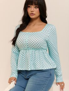 CovetEZ Autumn/Winter New Colorful Polka Dot Casual Long Sleeve Square Neck Plus Size T-Shirt Fall - Multicolor - View 3