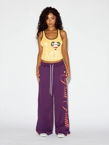 SUMWON X PAUL FRANK SUMWON WOMEN Monkey Wide Leg Jogger Pants With Cursive Logo Leg Print And Contrast Side Stripe Perfect For Spring Street Style - Purple - View 6