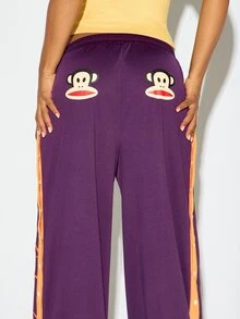 SUMWON X PAUL FRANK SUMWON WOMEN Monkey Wide Leg Jogger Pants With Cursive Logo Leg Print And Contrast Side Stripe Perfect For Spring Street Style - Purple - View 5