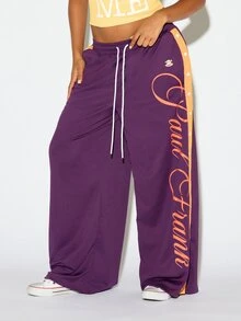 SUMWON X PAUL FRANK SUMWON WOMEN Monkey Wide Leg Jogger Pants With Cursive Logo Leg Print And Contrast Side Stripe Perfect For Spring Street Style - Purple - View 7