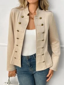 Elyressa Jaket Napoleon Wanita Lengan Panjang Warna Polos dengan Resleting - Aprikot - View 3