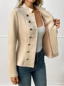 Elyressa Jaket Napoleon Wanita Lengan Panjang Warna Polos dengan Resleting - Aprikot - View 6