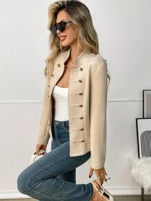 Elyressa Jaket Napoleon Wanita Lengan Panjang Warna Polos dengan Resleting - Aprikot - View 4