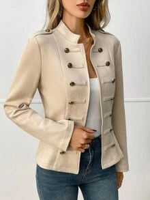 Elyressa Jaket Napoleon Wanita Lengan Panjang Warna Polos dengan Resleting - Aprikot - View 5