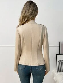 Elyressa Jaket Napoleon Wanita Lengan Panjang Warna Polos dengan Resleting - Aprikot - View 2