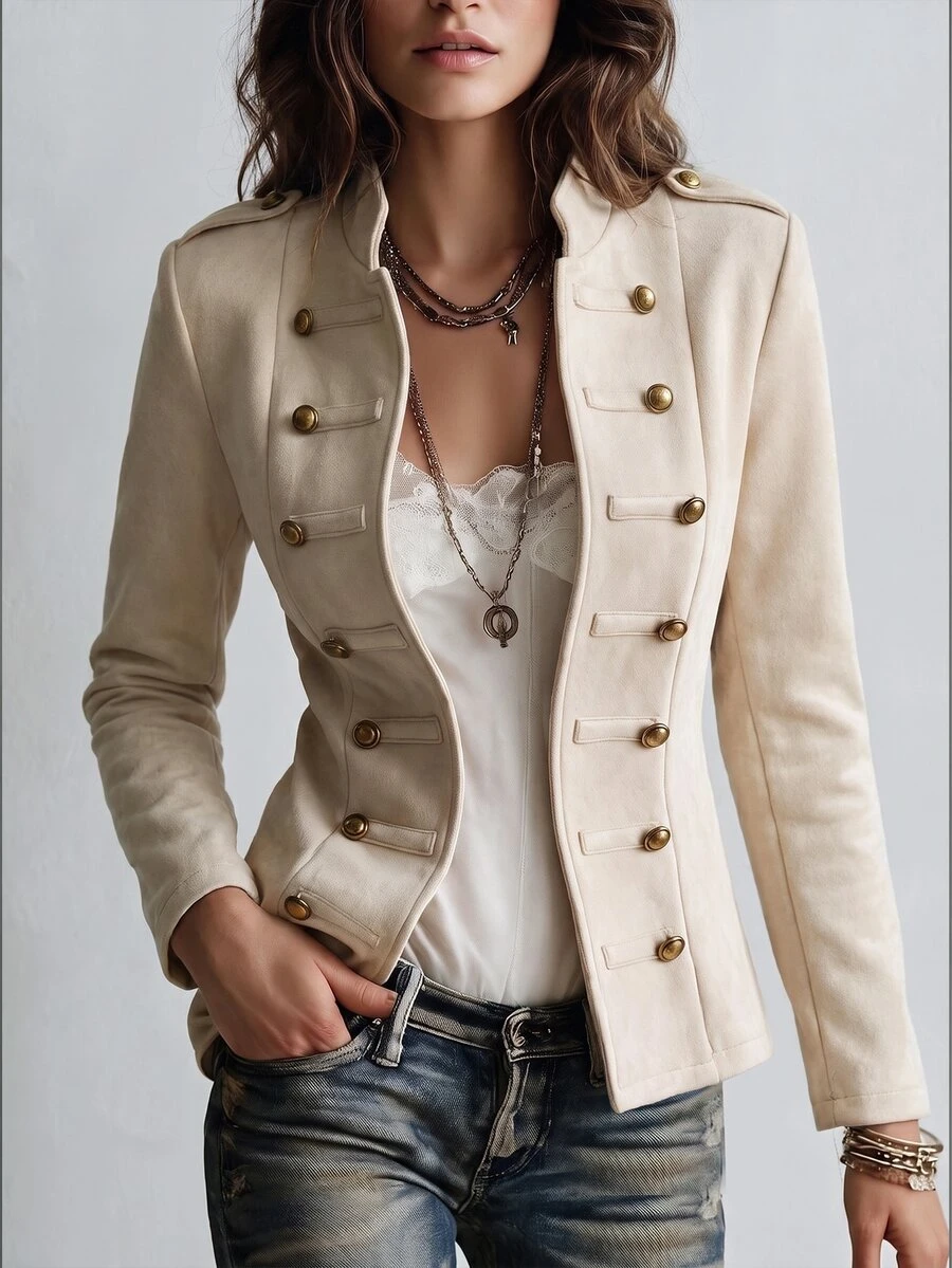 Elyressa Jaket Napoleon Wanita Lengan Panjang Warna Polos dengan Resleting - Aprikot - View 1