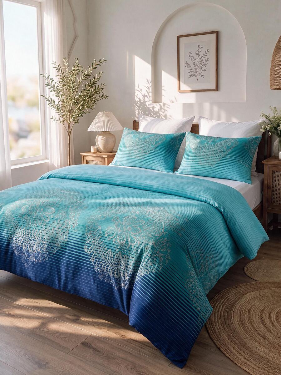 Luxury Soft Double Duvet Cover Set, Modern Stylish Bedding Set For Bedroom - Teal Blue - View 1
