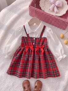 SHEIN Playful Pals 2件組幼女可愛學院風紅色格紋白色蝴蝶結荷葉邊百褶長袖領口常規款派對秋季假期套裝 - 紅色 - 查看 1