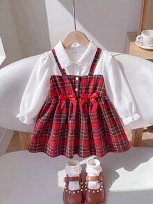 SHEIN Playful Pals 2件組幼女可愛學院風紅色格紋白色蝴蝶結荷葉邊百褶長袖領口常規款派對秋季假期套裝 - 紅色 - 查看 2