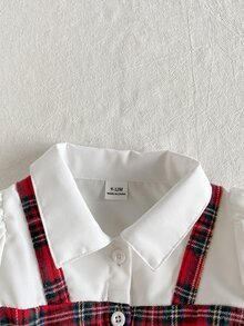 SHEIN Playful Pals 2件組幼女可愛學院風紅色格紋白色蝴蝶結荷葉邊百褶長袖領口常規款派對秋季假期套裝 - 紅色 - 查看 4