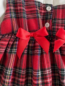 SHEIN Playful Pals 2件組幼女可愛學院風紅色格紋白色蝴蝶結荷葉邊百褶長袖領口常規款派對秋季假期套裝 - 紅色 - 查看 5