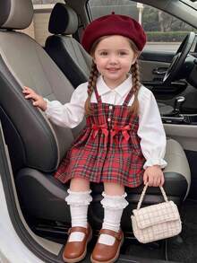 SHEIN Playful Pals 2件組幼女可愛學院風紅色格紋白色蝴蝶結荷葉邊百褶長袖領口常規款派對秋季假期套裝 - 紅色 - 查看 9