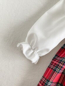 SHEIN Playful Pals 2件組幼女可愛學院風紅色格紋白色蝴蝶結荷葉邊百褶長袖領口常規款派對秋季假期套裝 - 紅色 - 查看 6