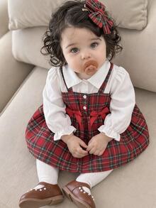 SHEIN Playful Pals 2件組幼女可愛學院風紅色格紋白色蝴蝶結荷葉邊百褶長袖領口常規款派對秋季假期套裝 - 紅色 - 查看 8