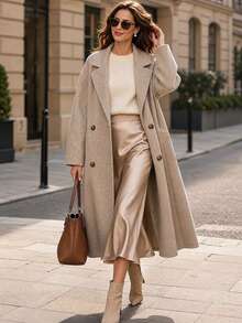 SHEIN Autumn/Winter Elegant Gentle Commute Long Overcoat - Khaki - View 5