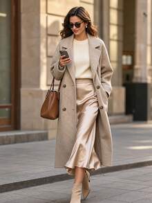SHEIN Autumn/Winter Elegant Gentle Commute Long Overcoat - Khaki - View 4