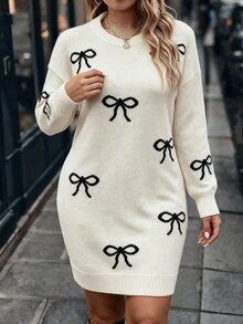 EMERY ROSE Đầm len dệt jacquard nữ size lớn cổ nửa cao thắt nơ cho mùa thu/đông, thời trang đa năng - Màu be - Xem 6
