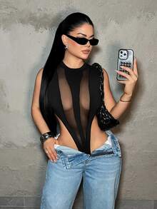 SHEIN SXY 网纱拼接性感透视连体衣 - 黑色 - 查看 5