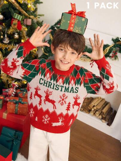 SHEIN Kids Tween Boys Casual Crew Neck Pullover Sweater, Comfortable For Autumn/Winter, Christmas, Christmas Party, New Year's Eve, Commuting, School, Daily Casual Wear, Sports, Family Matching