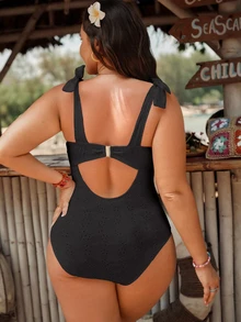 SHEIN Swim Plus Size Women 1pc Solid Color Ruffled Elegant Shelf Bra One-Piece Swimsuit, Fashion Casual Holiday Wear For Summer Beach Vacation - Black - View 3