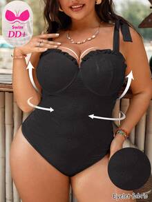 SHEIN Swim Plus Size Women 1pc Solid Color Ruffled Elegant Shelf Bra One-Piece Swimsuit, Fashion Casual Holiday Wear For Summer Beach Vacation - Black - View 2